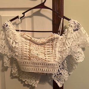 Shein off shoulder exposed zipper back lace top